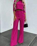 Women's Cropped Matching Top High-Waist Wide-Leg Pants Two-Piece Set
