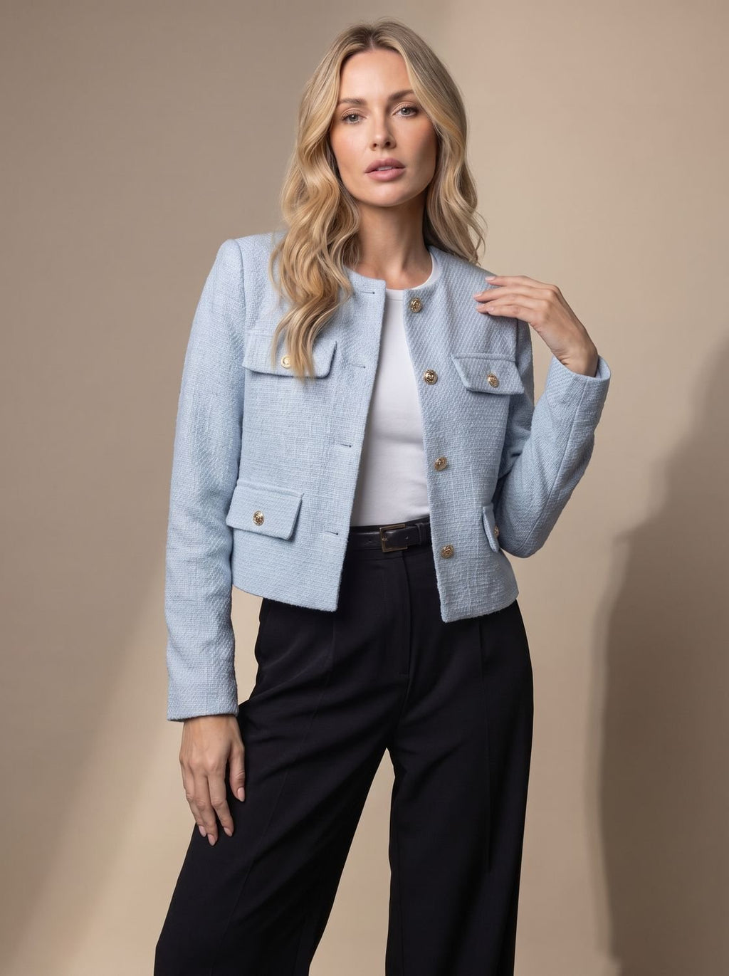Women's Collarless Waist-Length Tweed Jacket with Four Flap Pockets - Light Blue