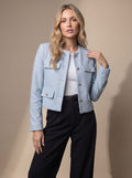 Women's Collarless Waist-Length Tweed Jacket with Four Flap Pockets - Light Blue
