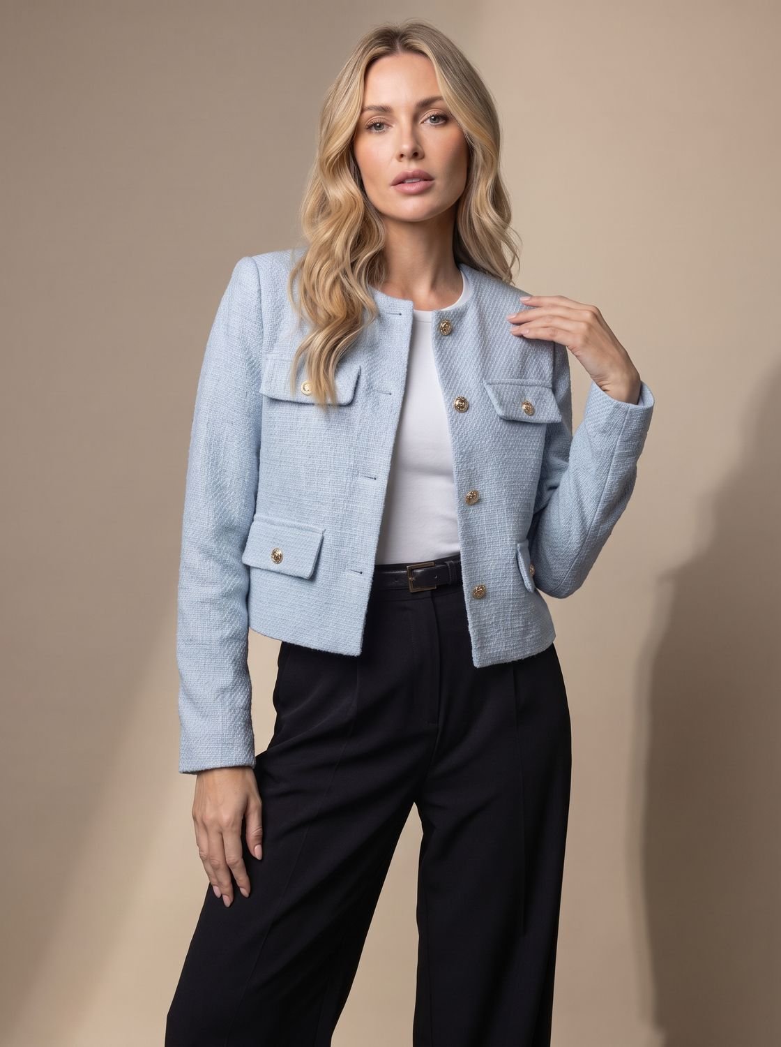 Women's Collarless Waist-Length Tweed Jacket with Four Flap Pockets - Light Blue