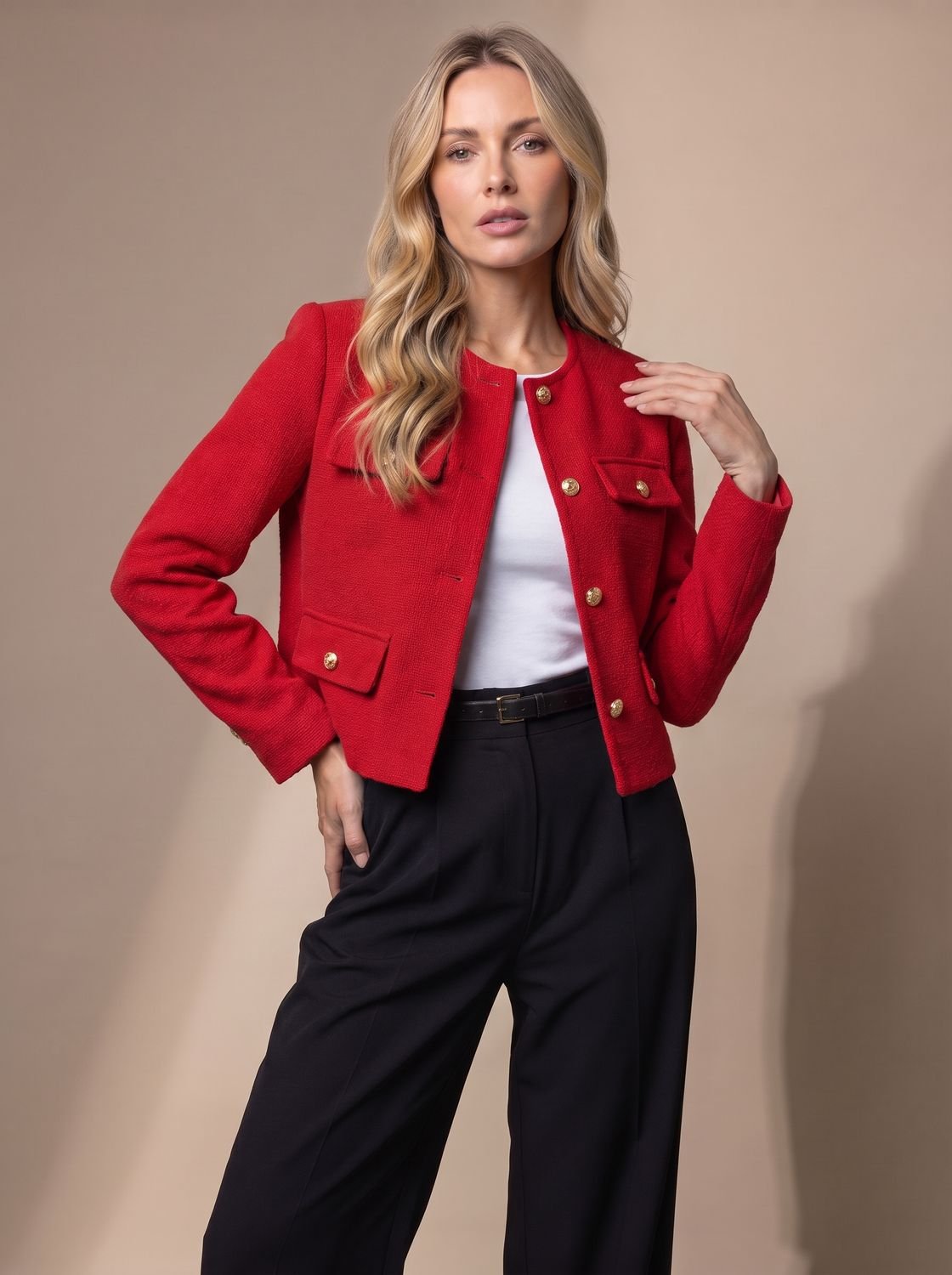 Women's Collarless Waist-Length Tweed Jacket with Four Flap Pockets - Red