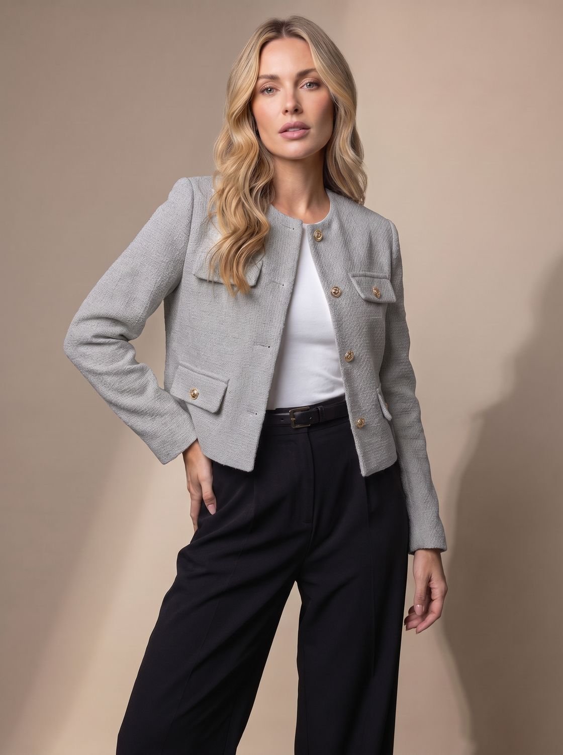 Women's Collarless Waist-Length Tweed Jacket with Four Flap Pockets - Gray
