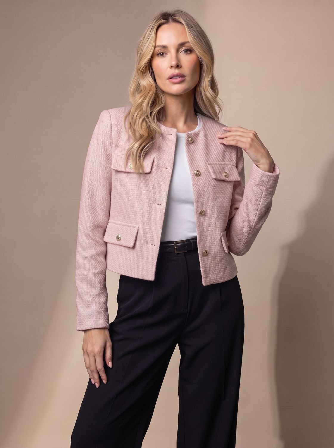 Women's Collarless Waist-Length Tweed Jacket with Four Flap Pockets - Light Pink