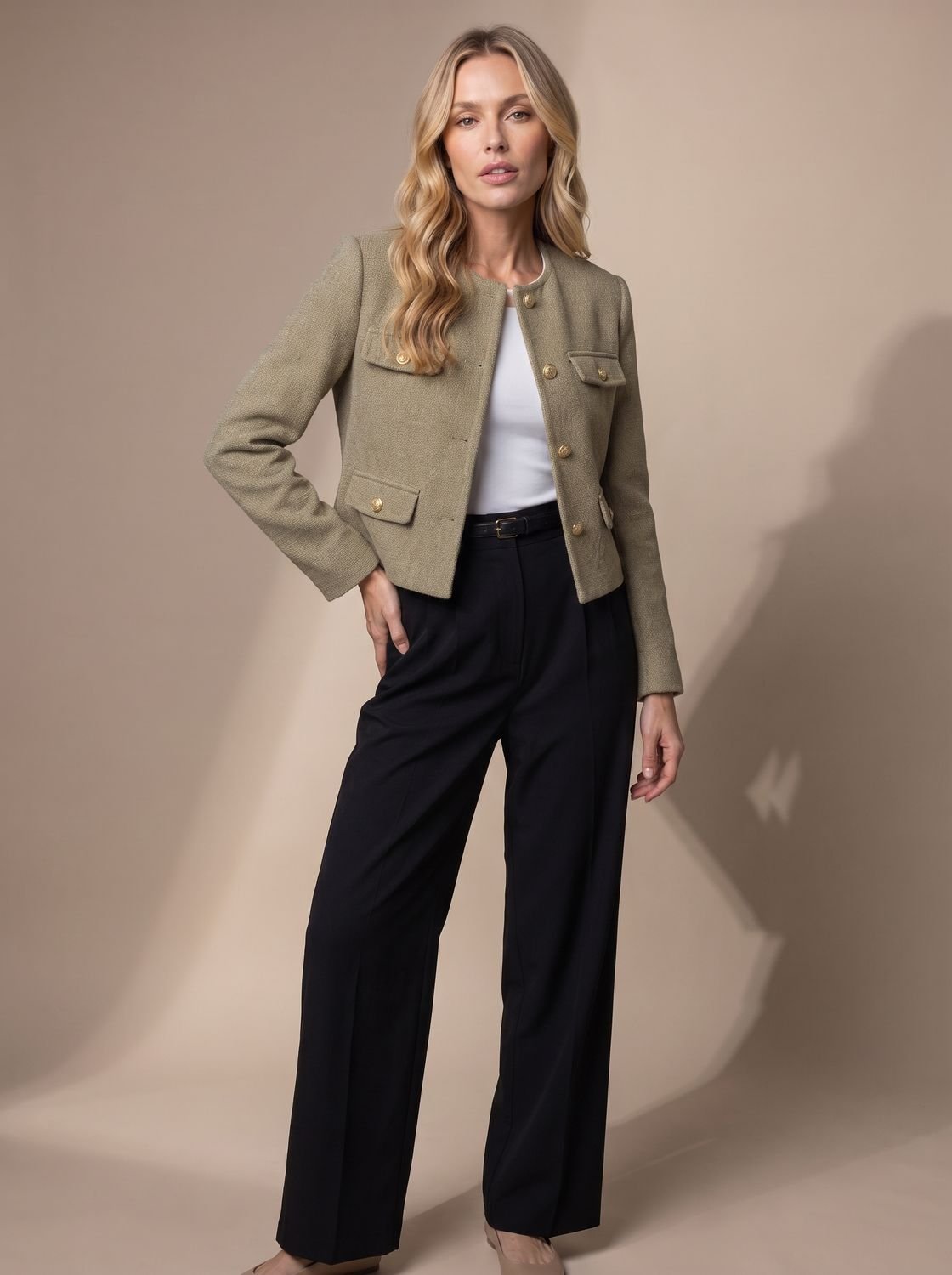 Women's Collarless Waist-Length Tweed Jacket with Four Flap Pockets - Olive