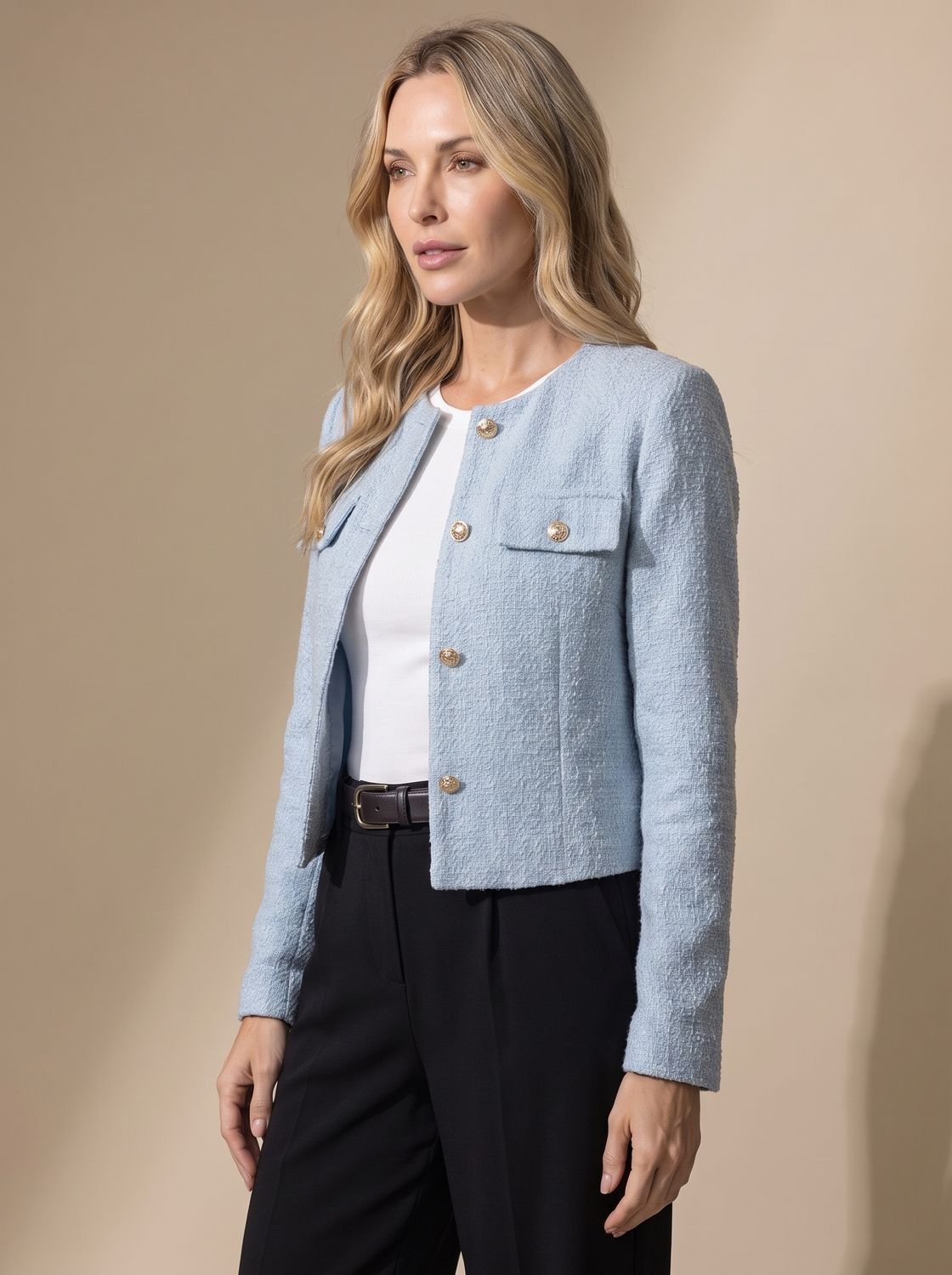 Women's Collarless Waist-Length Tweed Jacket with Four Flap Pockets