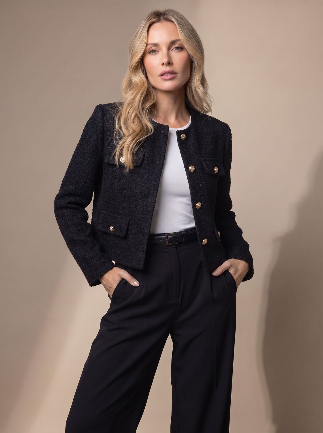 Women's Collarless Waist-Length Tweed Jacket with Four Flap Pockets - Black