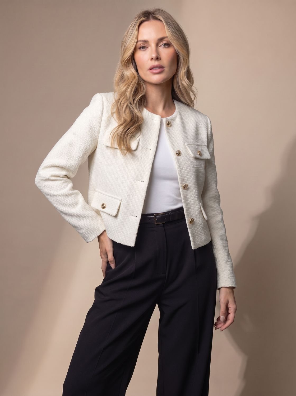 Women's Collarless Waist-Length Tweed Jacket with Four Flap Pockets - White