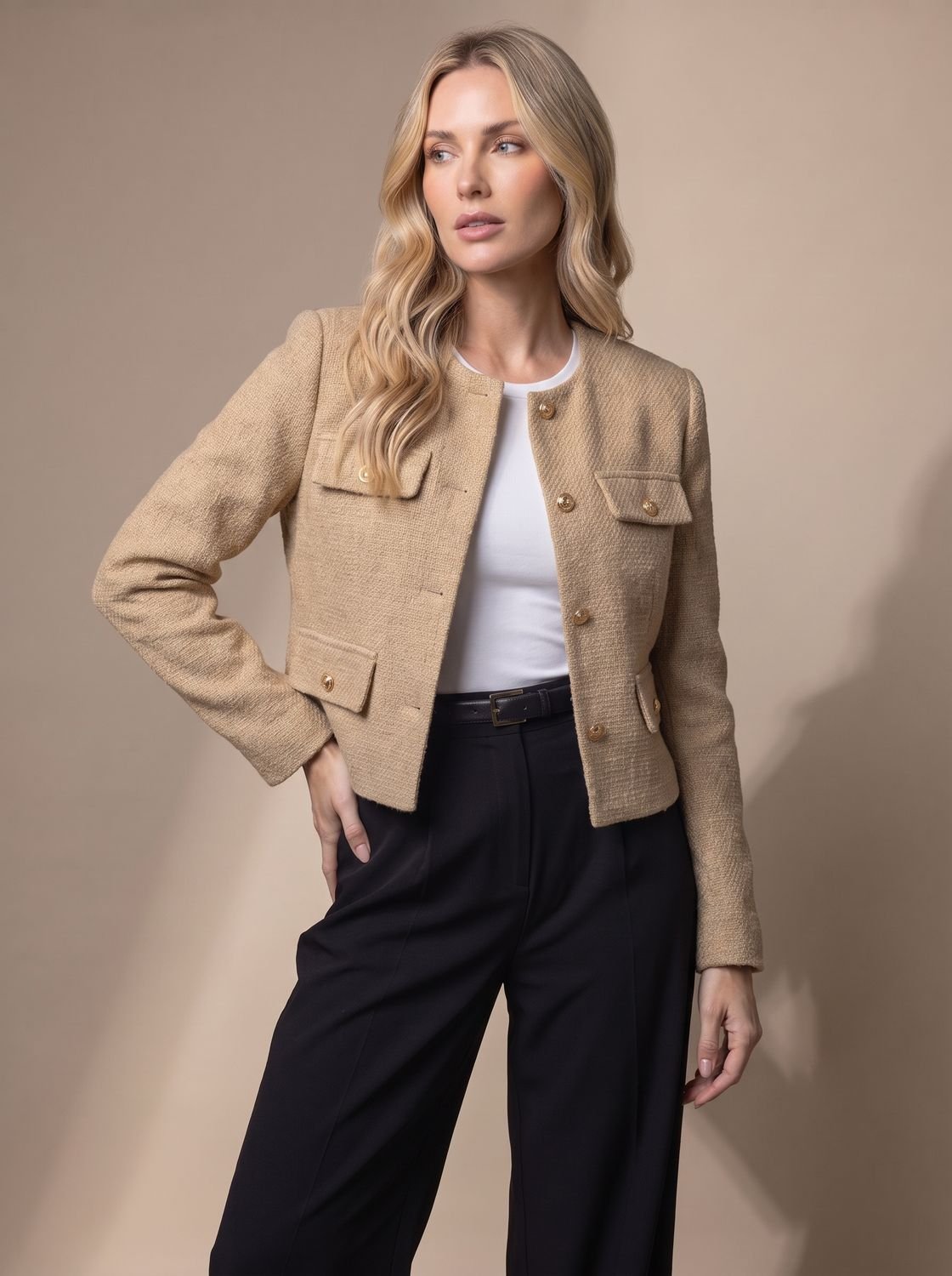 Women's Collarless Waist-Length Tweed Jacket with Four Flap Pockets - Khaki