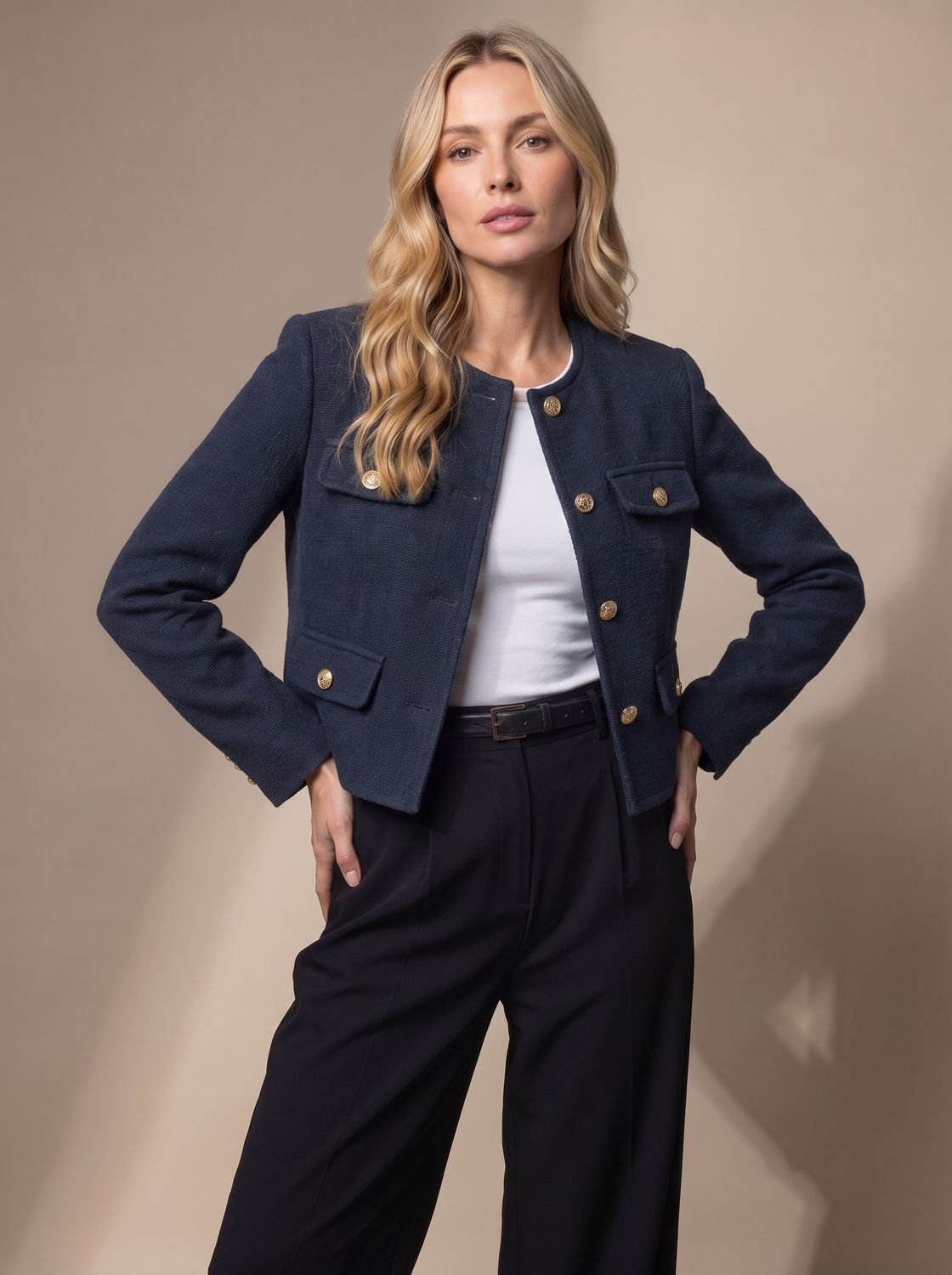Women's Collarless Waist-Length Tweed Jacket with Four Flap Pockets - Navy Blue