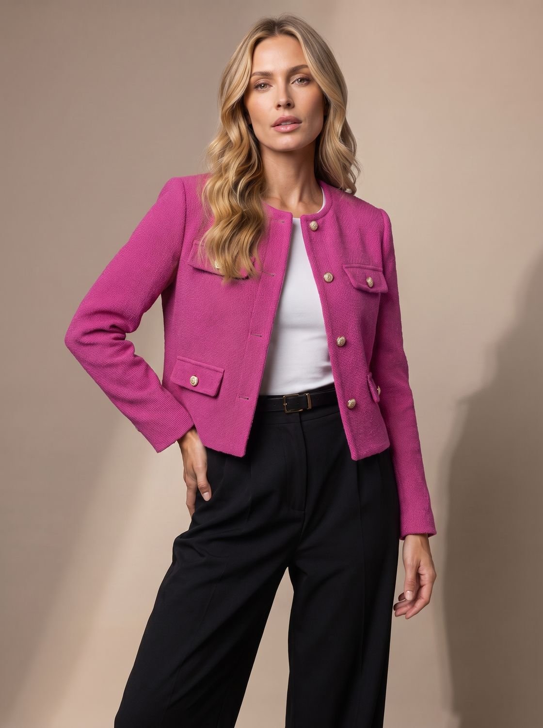 Women's Collarless Waist-Length Tweed Jacket with Four Flap Pockets - Pink
