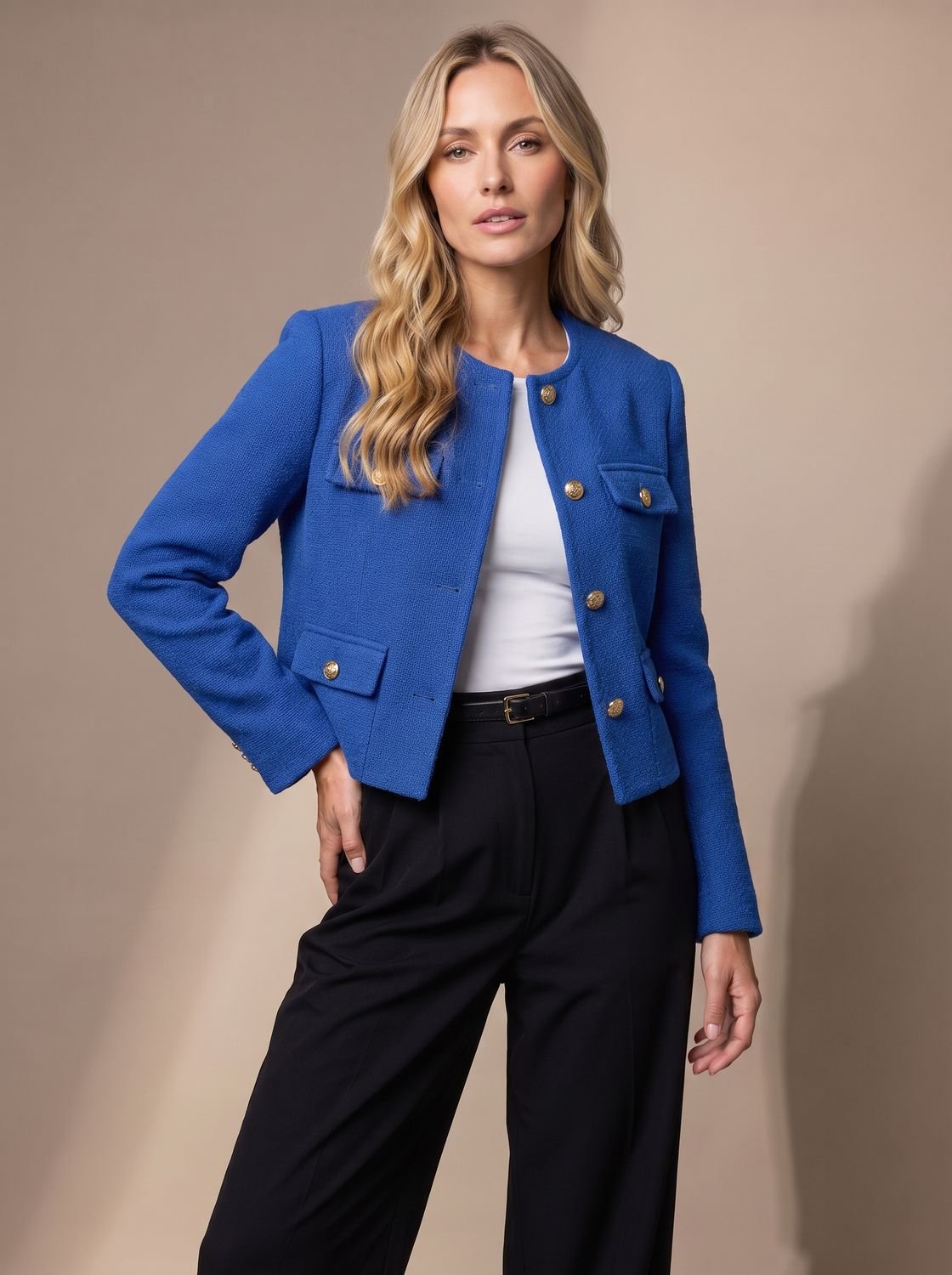 Women's Collarless Waist-Length Tweed Jacket with Four Flap Pockets - Blue