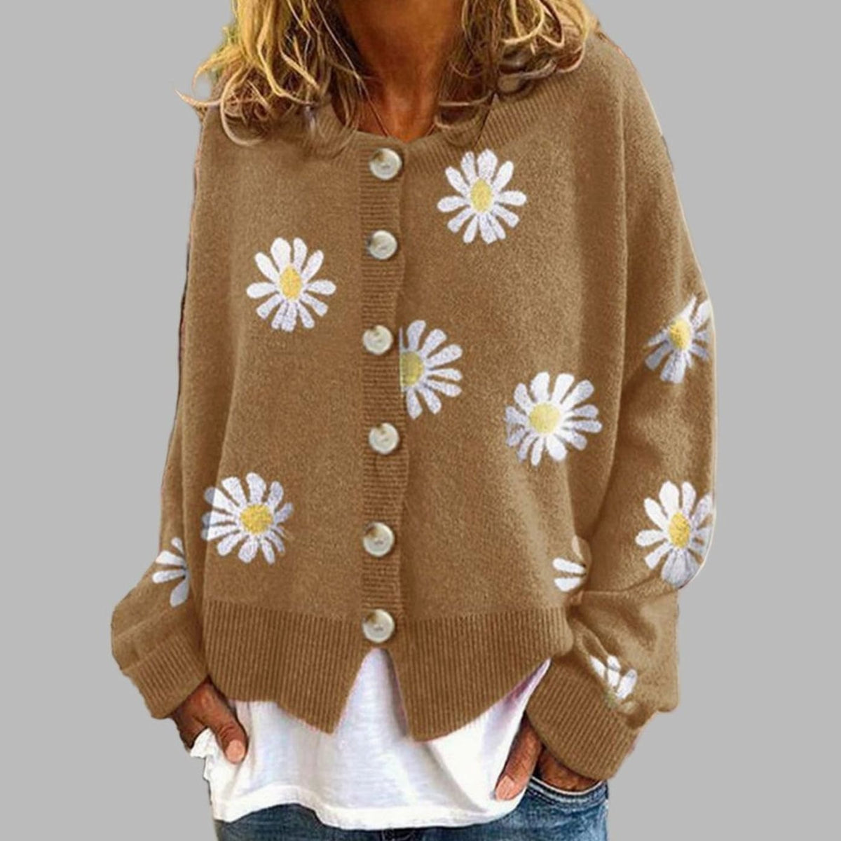 Women's Floral Embroidered Round Neck Relaxed Knit Cardigan - Khaki