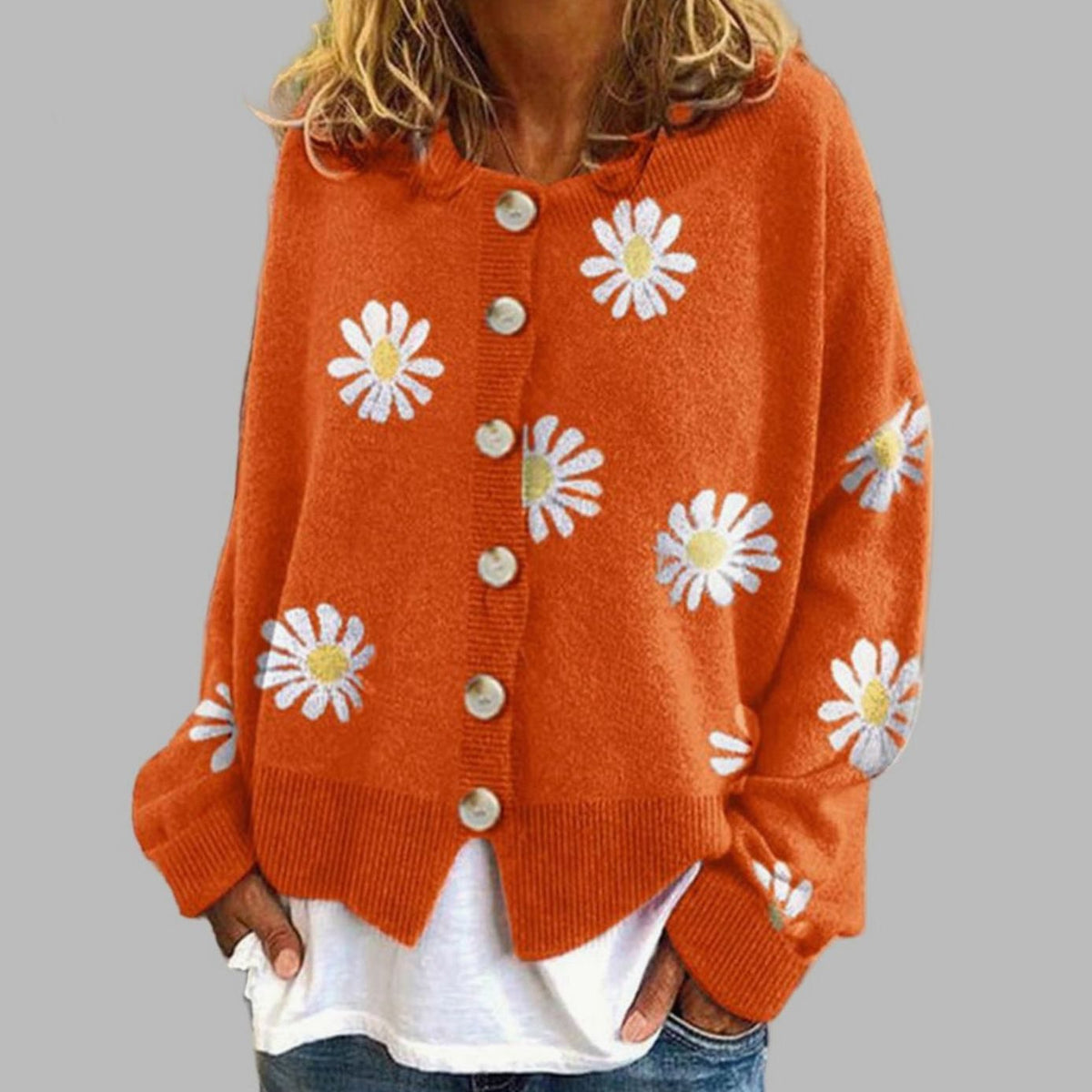Women's Floral Embroidered Round Neck Relaxed Knit Cardigan - Orange