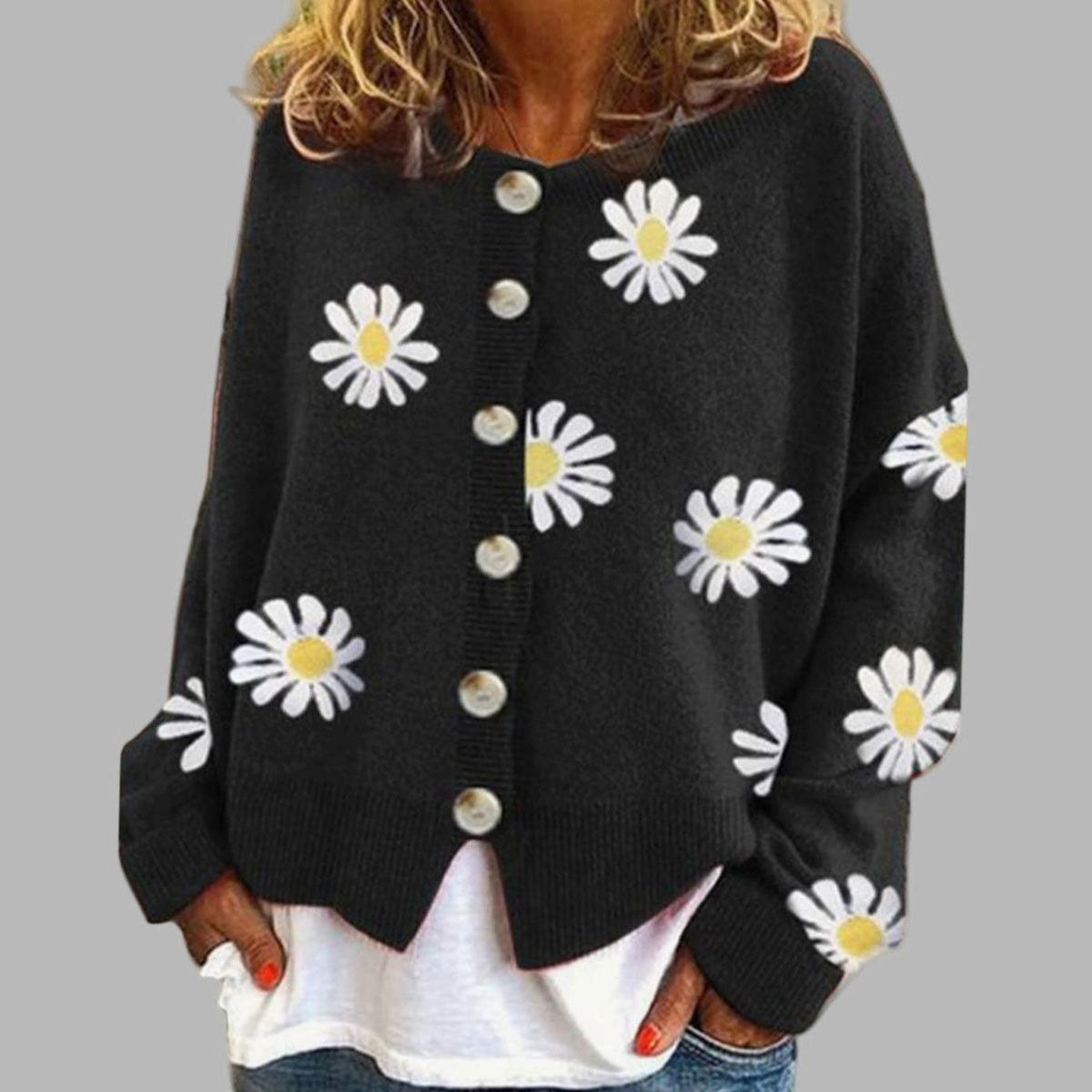 Women's Floral Embroidered Round Neck Relaxed Knit Cardigan - Black