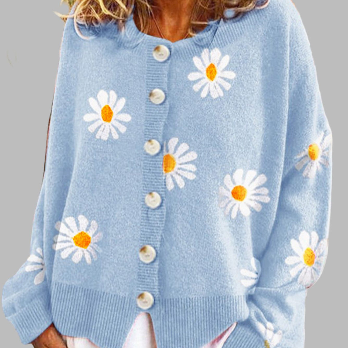 Women's Floral Embroidered Round Neck Relaxed Knit Cardigan - Blue