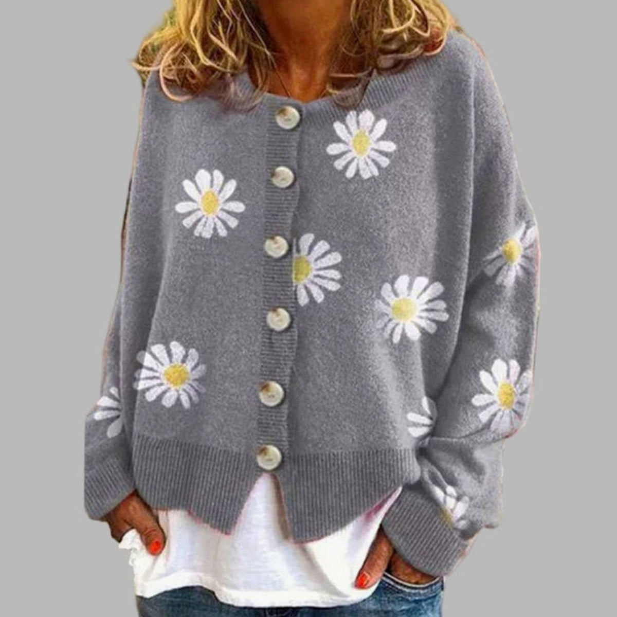Women's Floral Embroidered Round Neck Relaxed Knit Cardigan - Gray