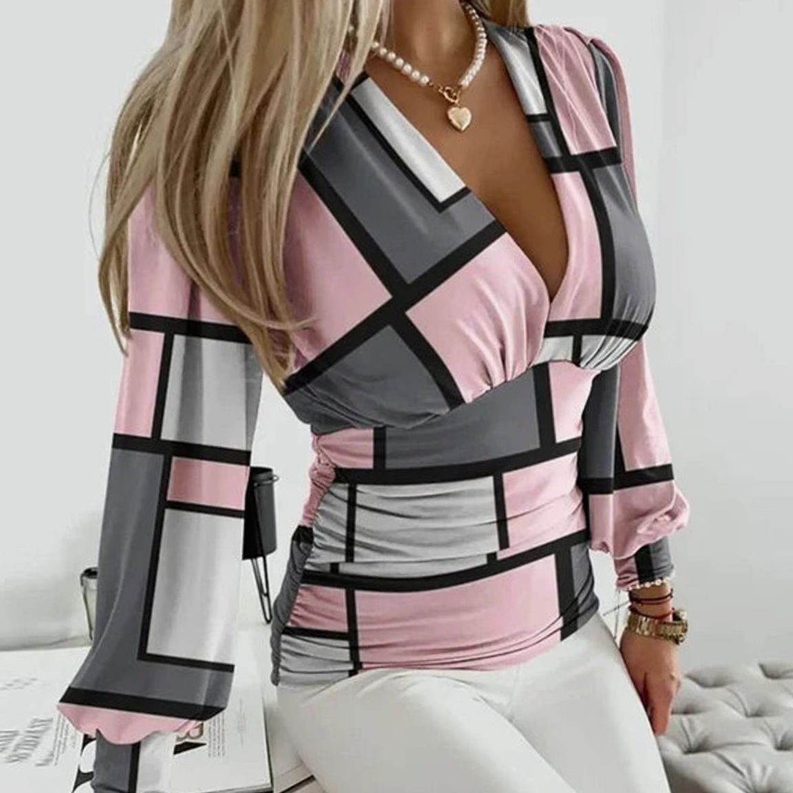 Women's Deep V-Neck Ruched Waist Blouse Long Sleeve Fitted