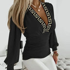Women's Deep V-Neck Ruched Waist Blouse Long Sleeve Fitted