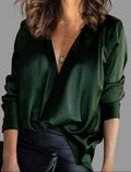 Women's Deep V-Neck Satin Long-Sleeve Draped Blouse