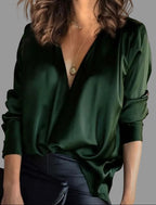 Women's Deep V-Neck Satin Long-Sleeve Draped Blouse