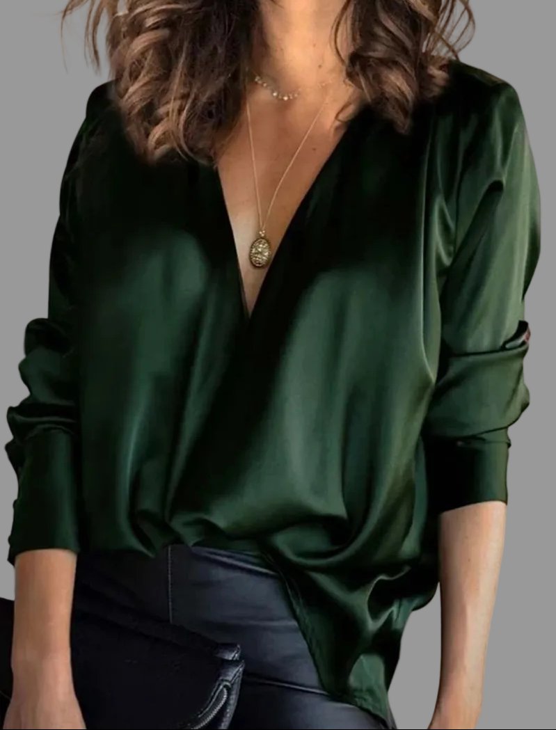 Women's Deep V-Neck Satin Long-Sleeve Draped Blouse