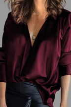 Women's Deep V-Neck Satin Long-Sleeve Draped Blouse