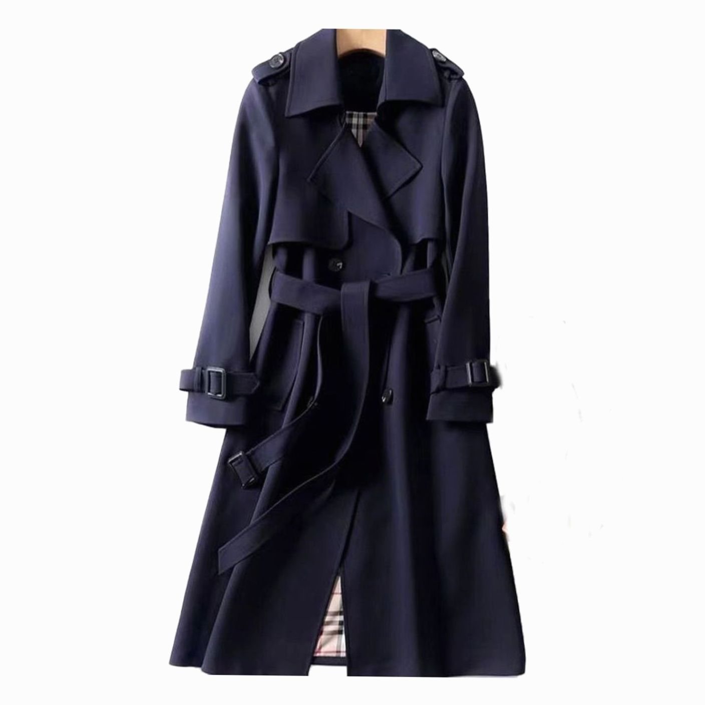 Women's Double-Breasted Belted Long Trench Coat Plaid-Lined
