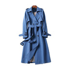 Women's Double-Breasted Belted Long Trench Coat Plaid-Lined