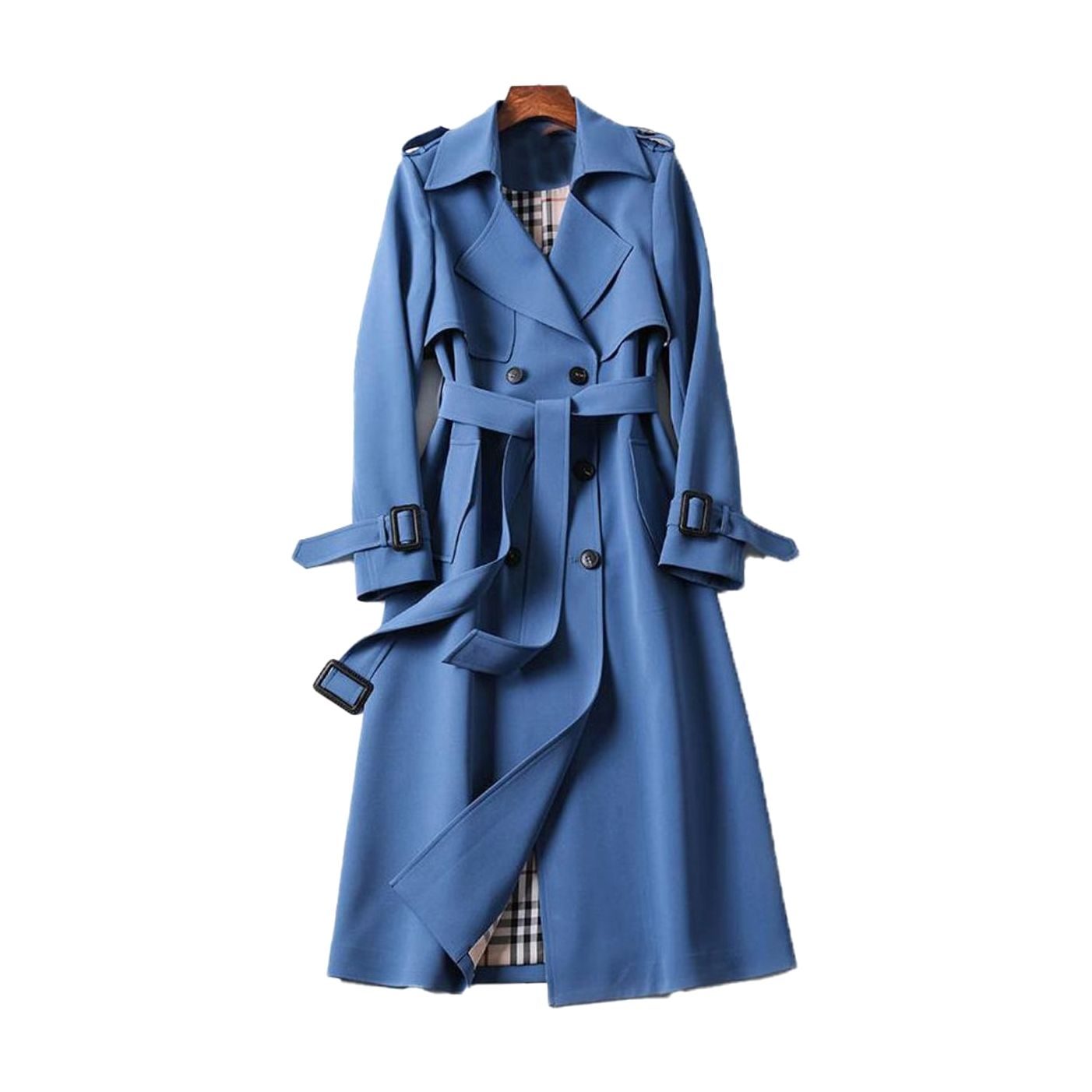 Women's Double-Breasted Belted Long Trench Coat Plaid-Lined
