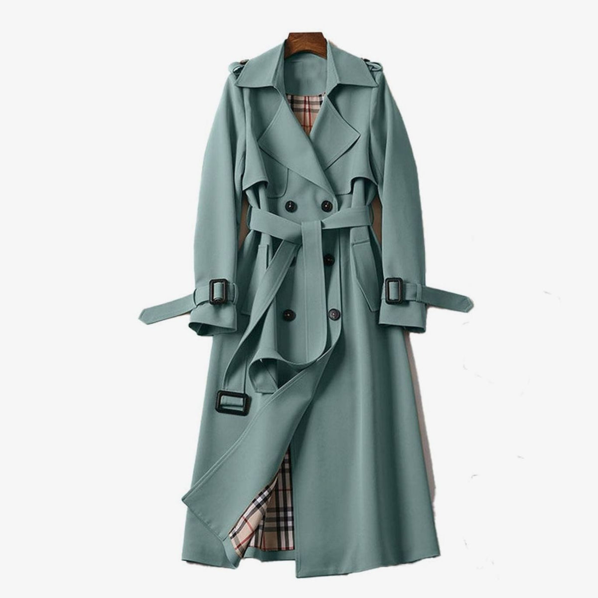 Women's Double-Breasted Belted Long Trench Coat Plaid-Lined