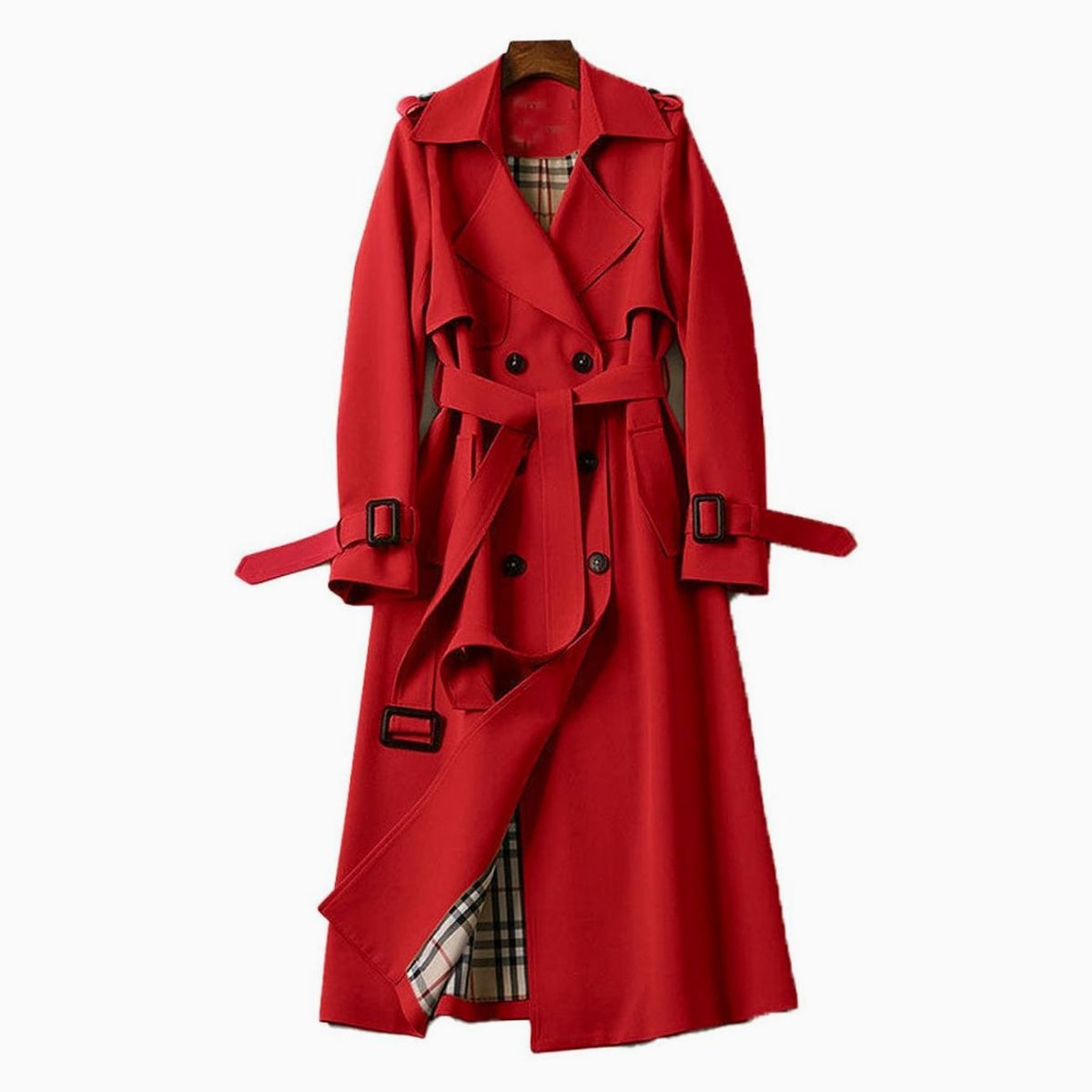 Women's Double-Breasted Belted Long Trench Coat Plaid-Lined