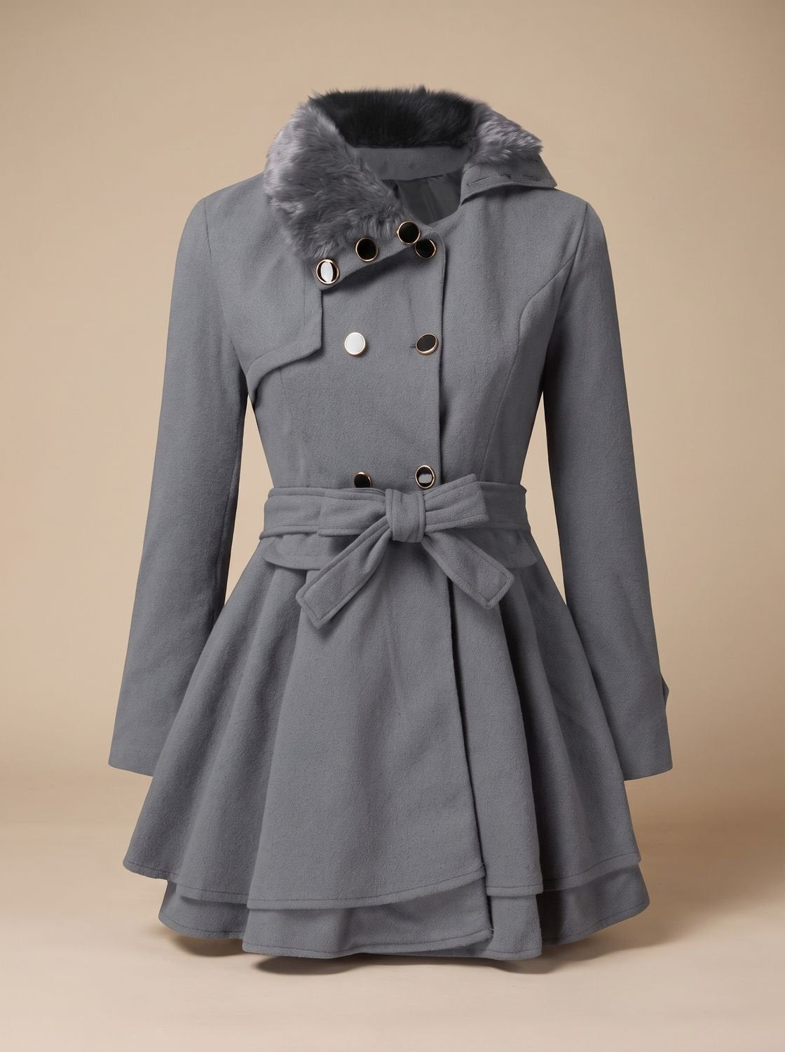 Women's Flared-Hem Wool-Blend Swing Coat with Faux Fur Collar - Gray
