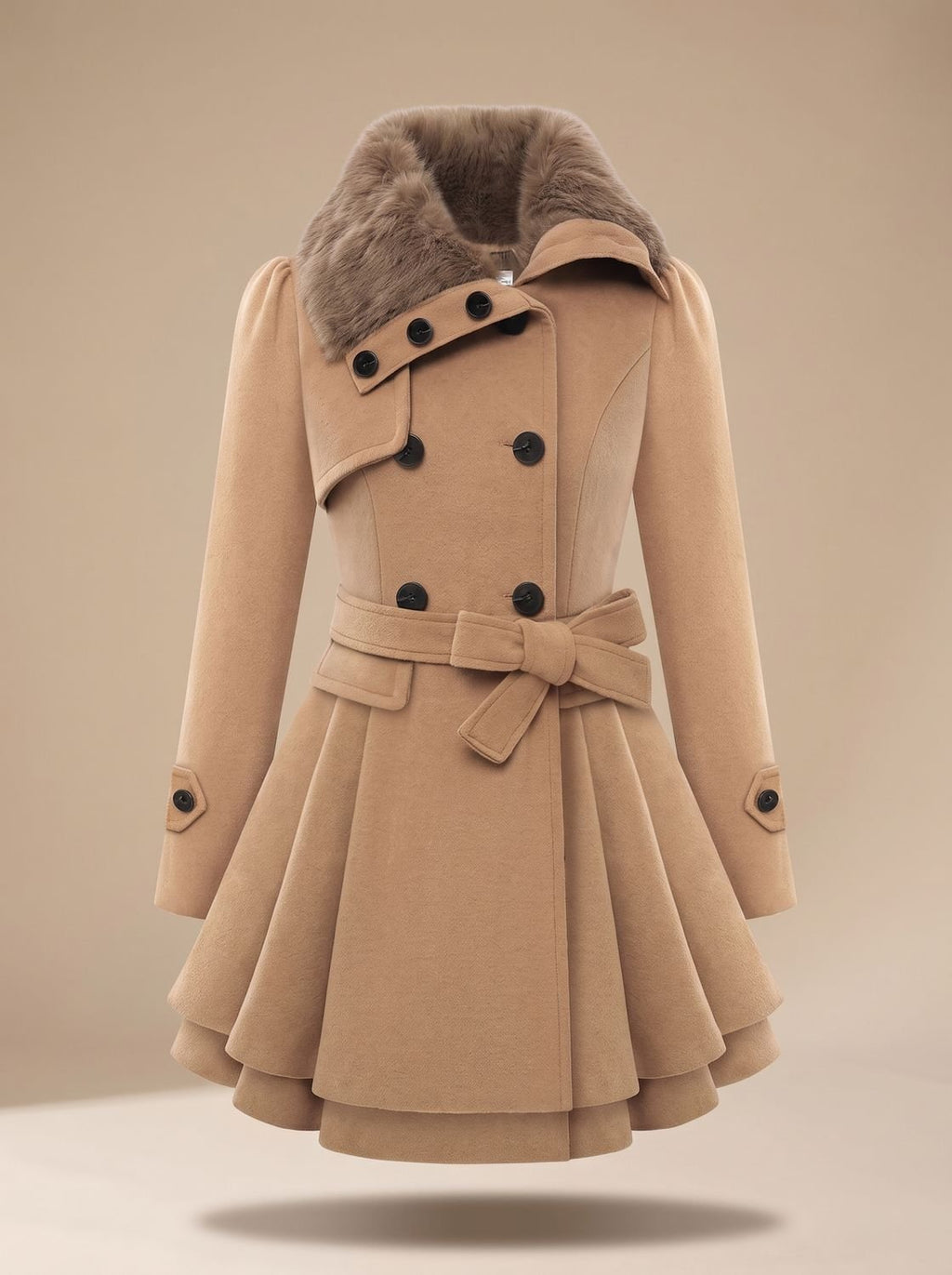 Women's Flared-Hem Wool-Blend Swing Coat with Faux Fur Collar - Beige
