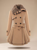 Women's Flared-Hem Wool-Blend Swing Coat with Faux Fur Collar - Beige