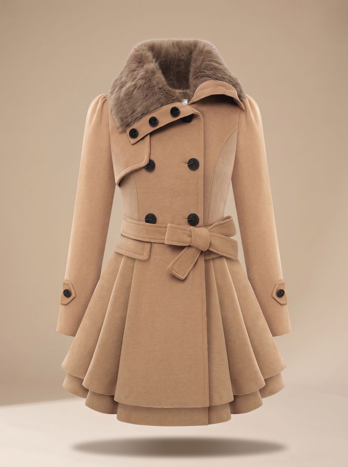 Women's Flared-Hem Wool-Blend Swing Coat with Faux Fur Collar - Beige