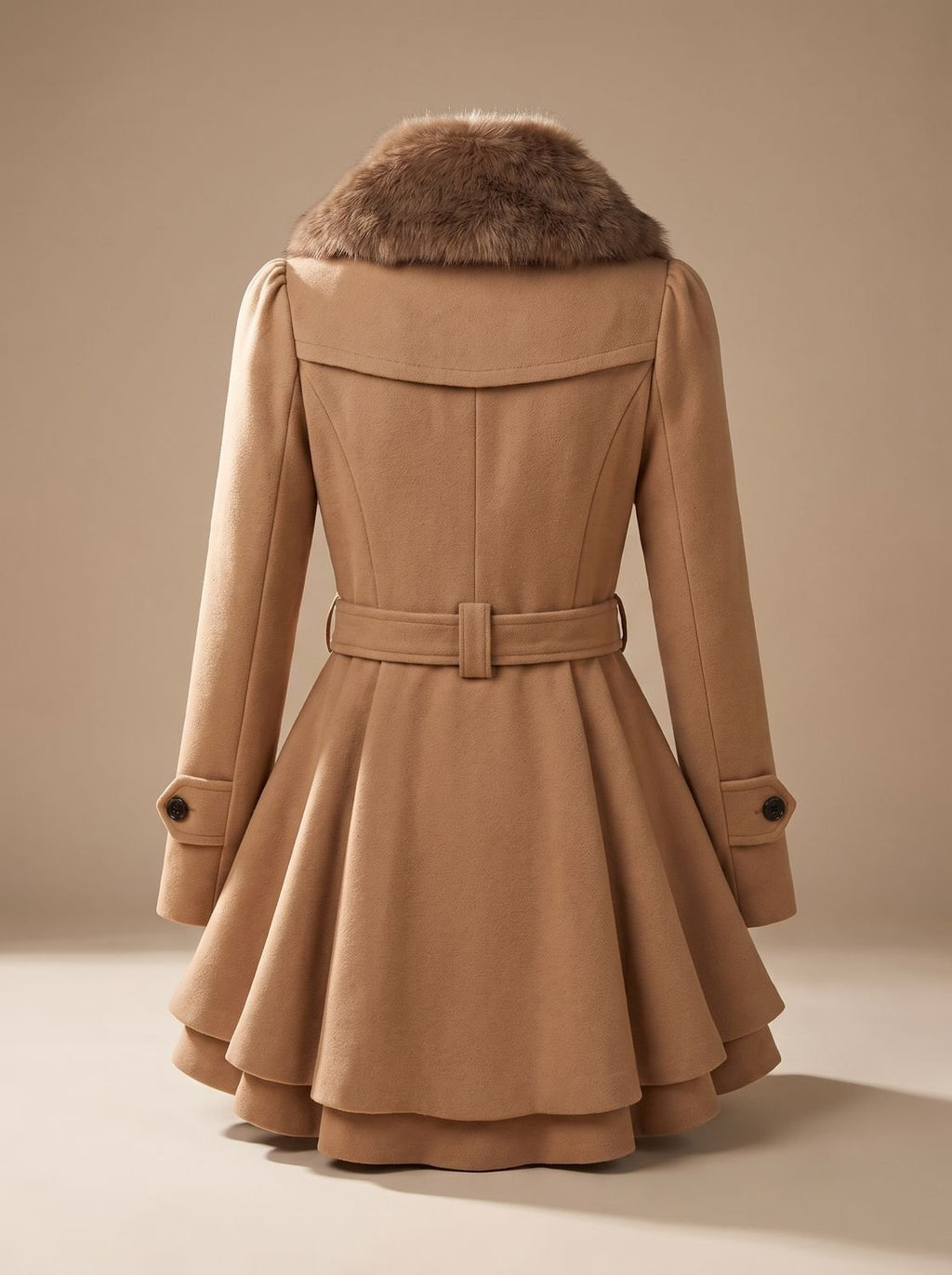Women's Flared-Hem Wool-Blend Swing Coat with Faux Fur Collar