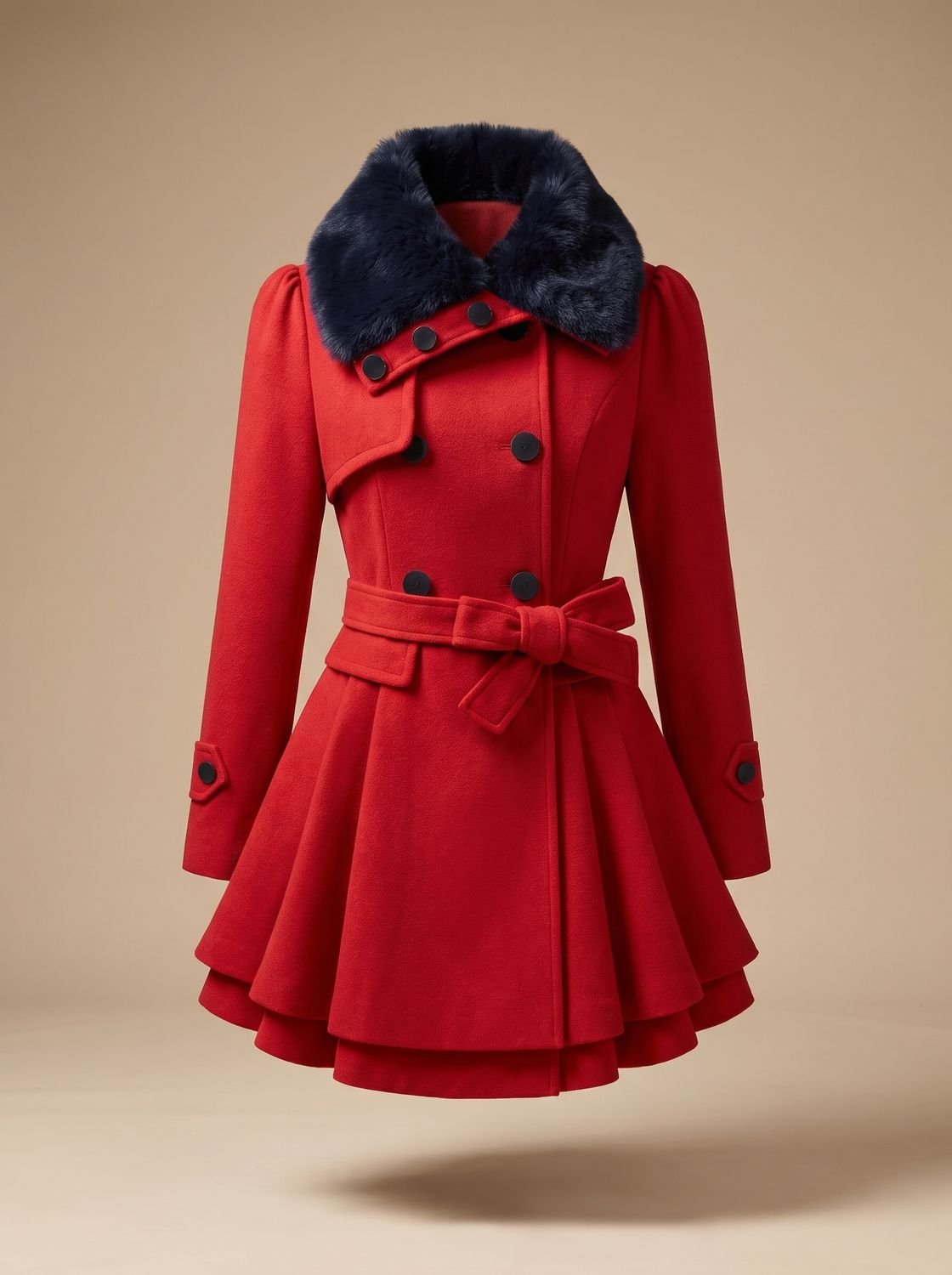 Women's Flared-Hem Wool-Blend Swing Coat with Faux Fur Collar - Red
