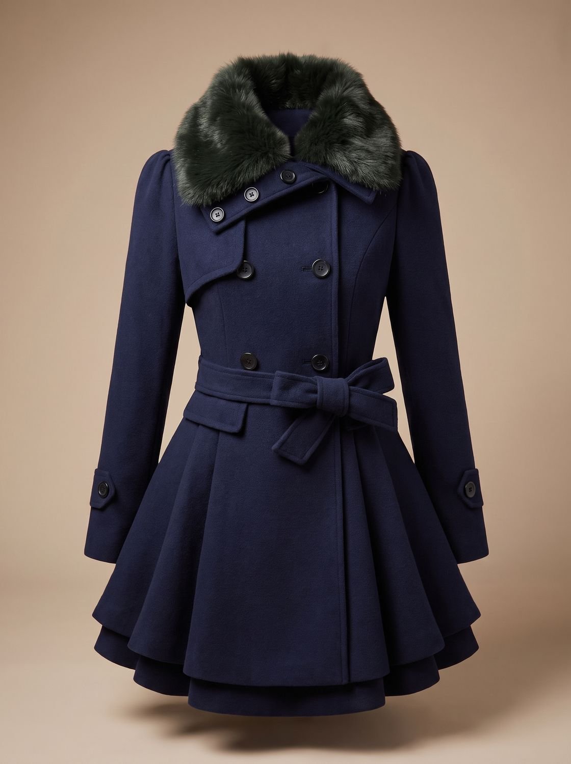 Women's Flared-Hem Wool-Blend Swing Coat with Faux Fur Collar - Dark Blue