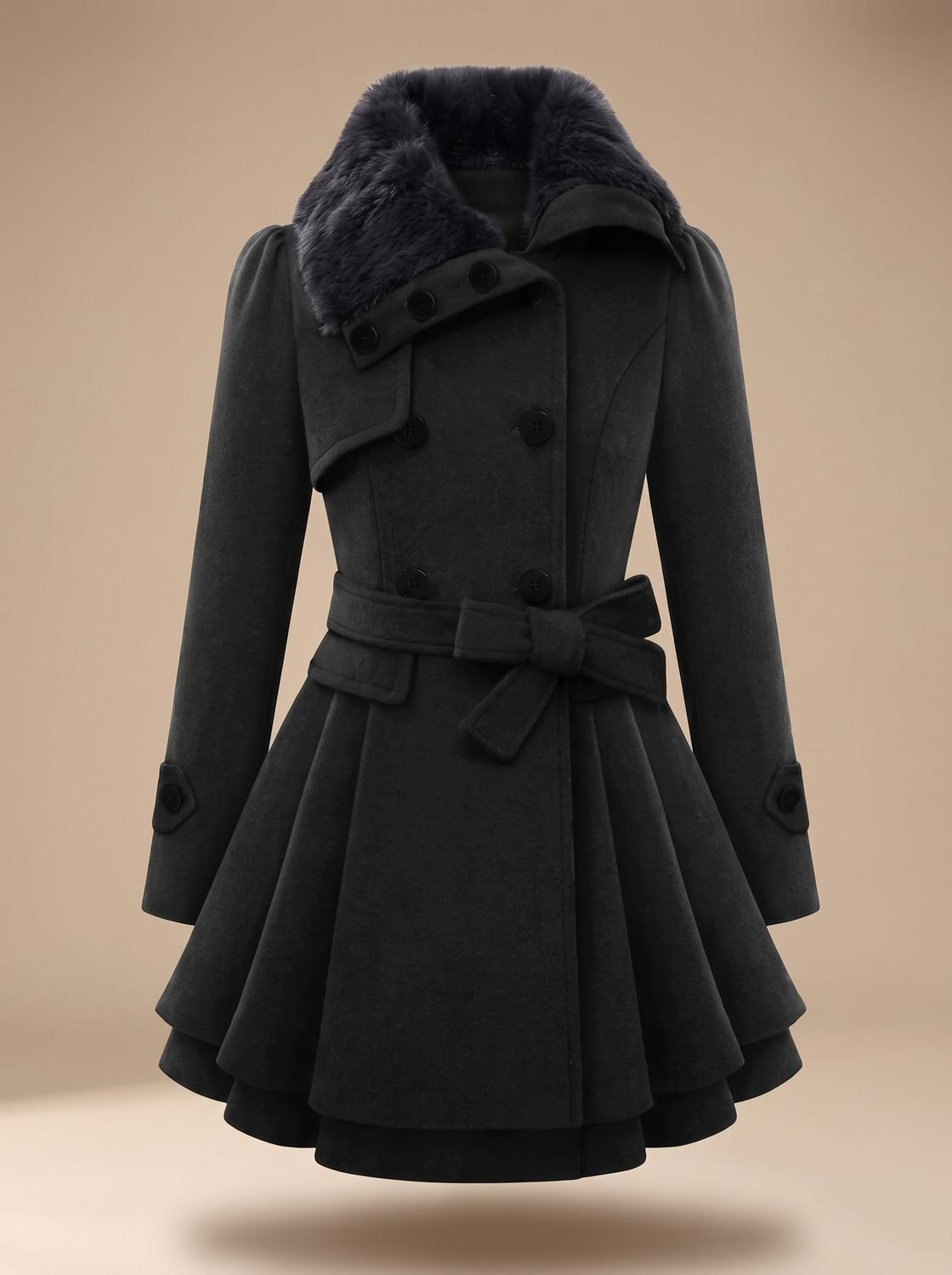 Women's Flared-Hem Wool-Blend Swing Coat with Faux Fur Collar - Black