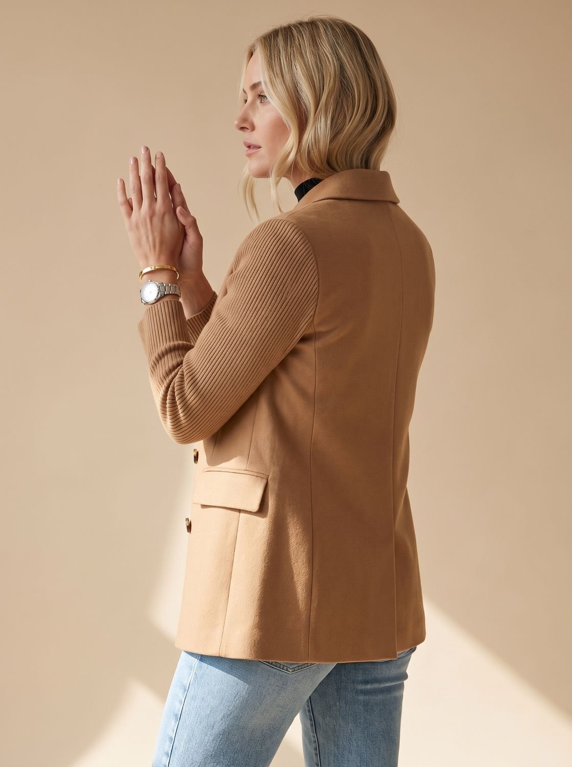 Women's Tailored Blazer with Ribbed Knit Sleeves