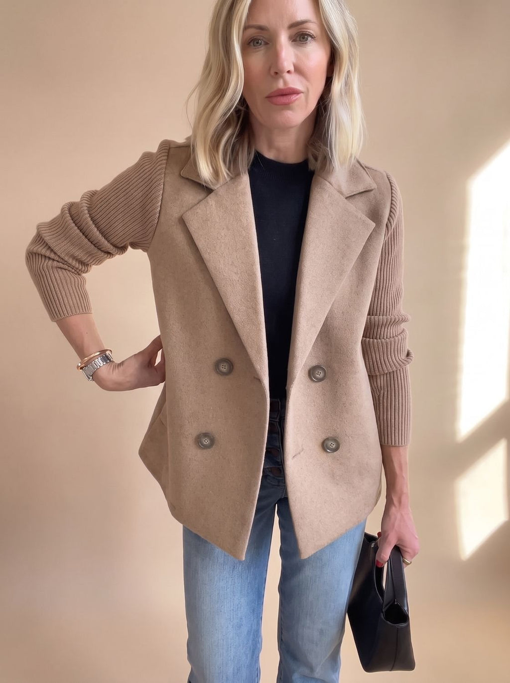 Women's Tailored Blazer with Ribbed Knit Sleeves