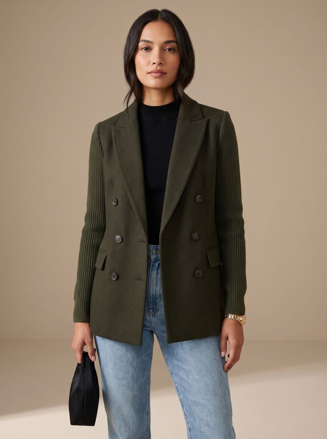 Women's Tailored Blazer with Ribbed Knit Sleeves - Green