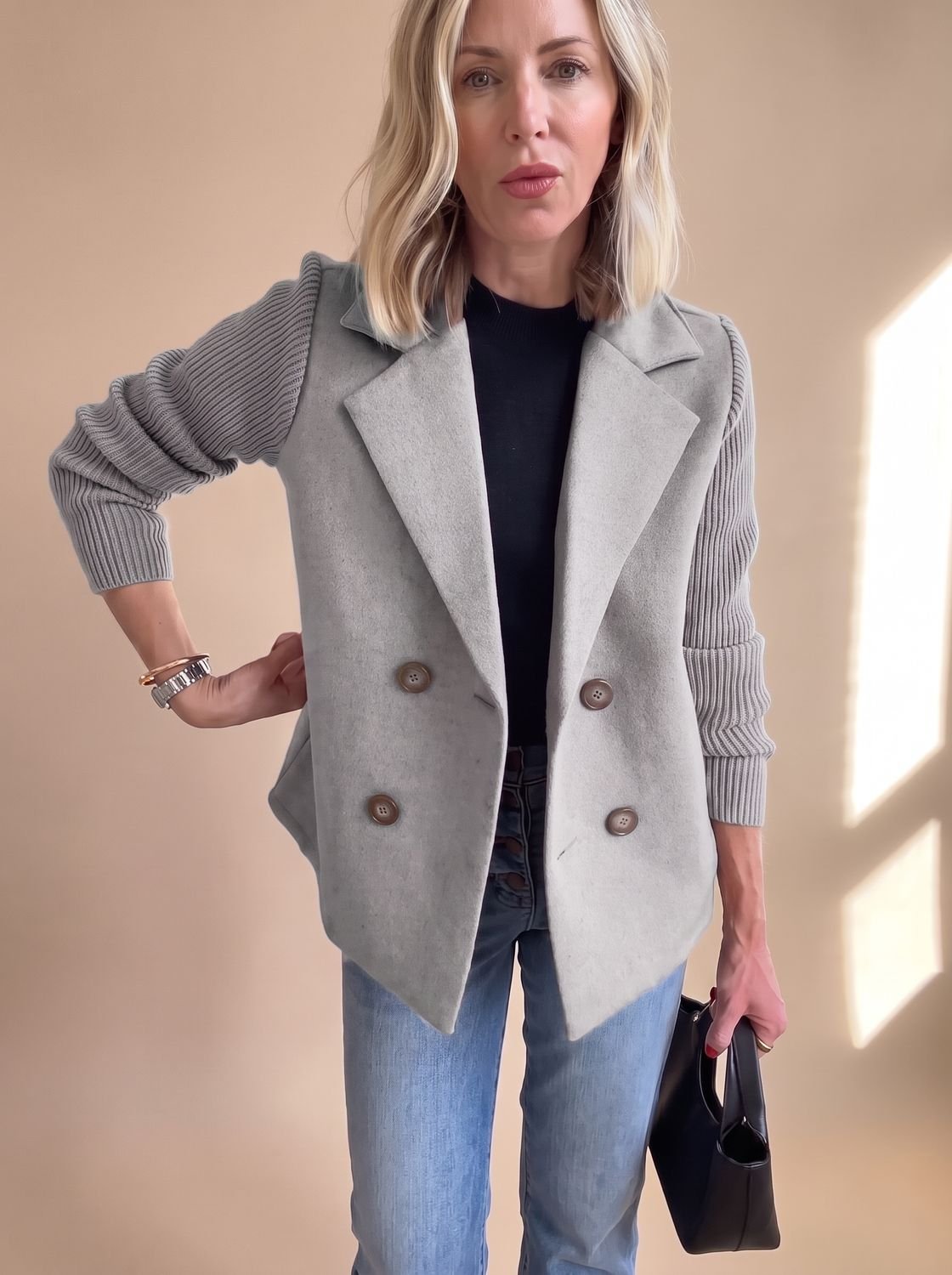 Women's Tailored Blazer with Ribbed Knit Sleeves - Gray