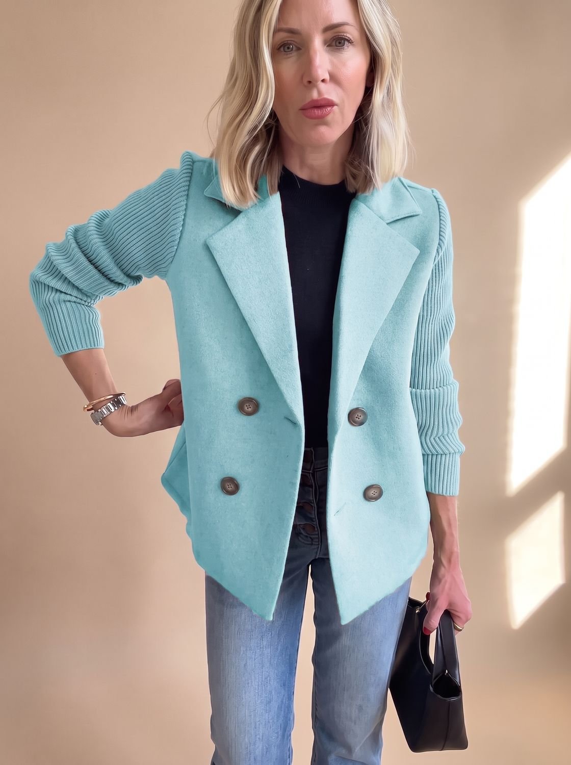 Women's Tailored Blazer with Ribbed Knit Sleeves - Light Blue