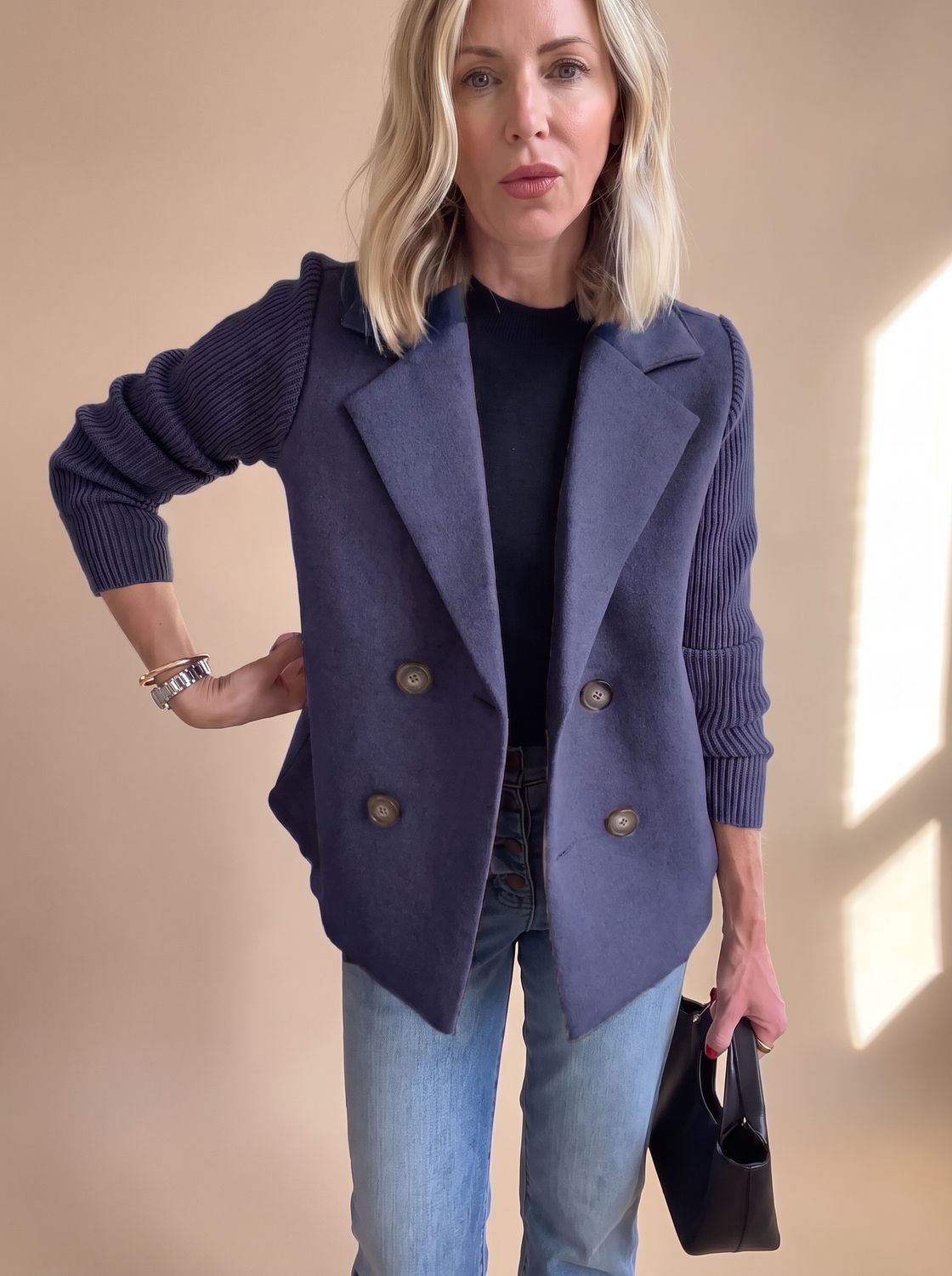 Women's Tailored Blazer with Ribbed Knit Sleeves - Blue