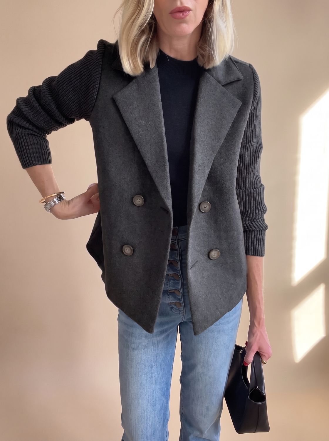 Women's Tailored Blazer with Ribbed Knit Sleeves - Black