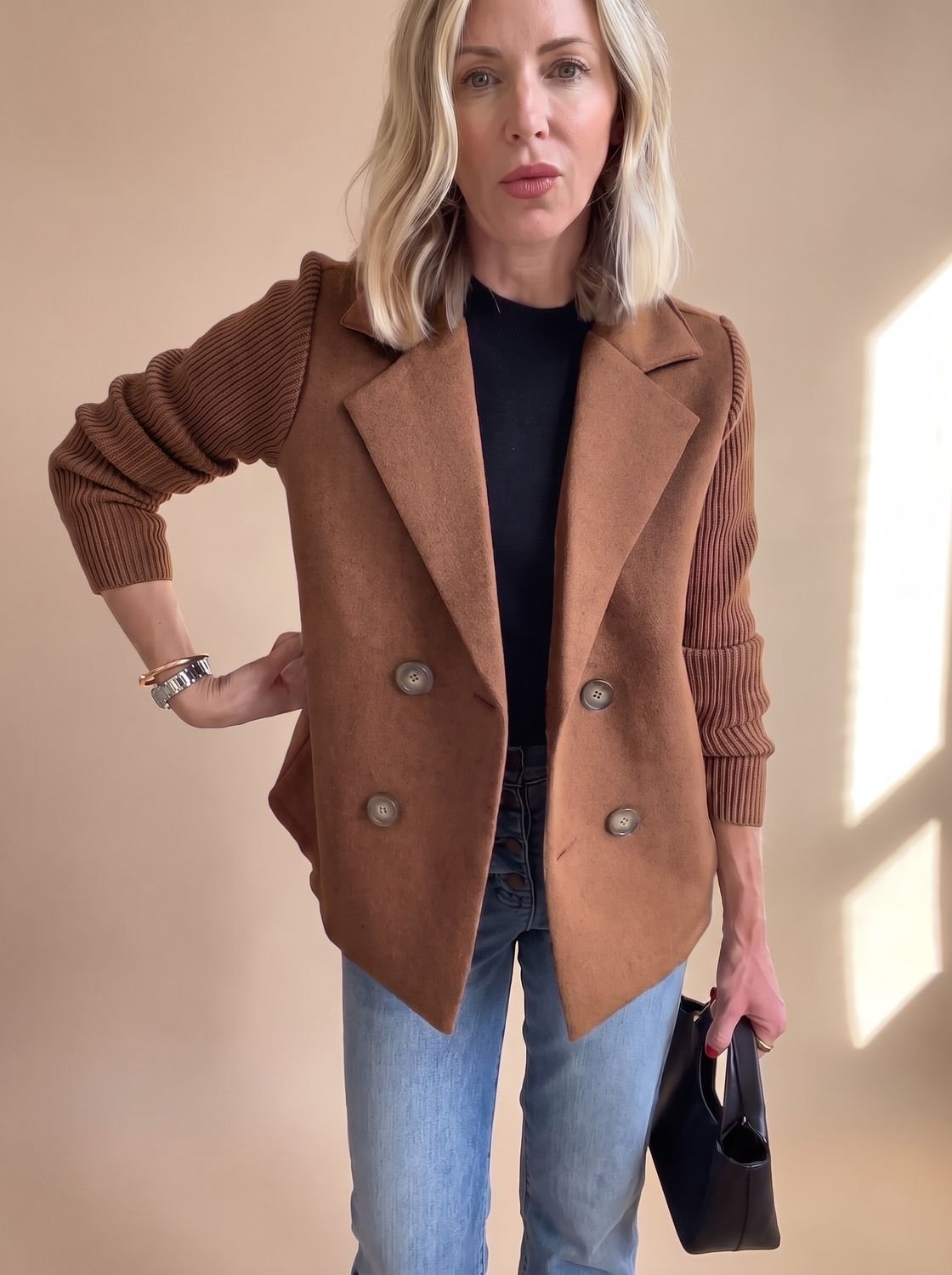 Women's Tailored Blazer with Ribbed Knit Sleeves - Dark Brown