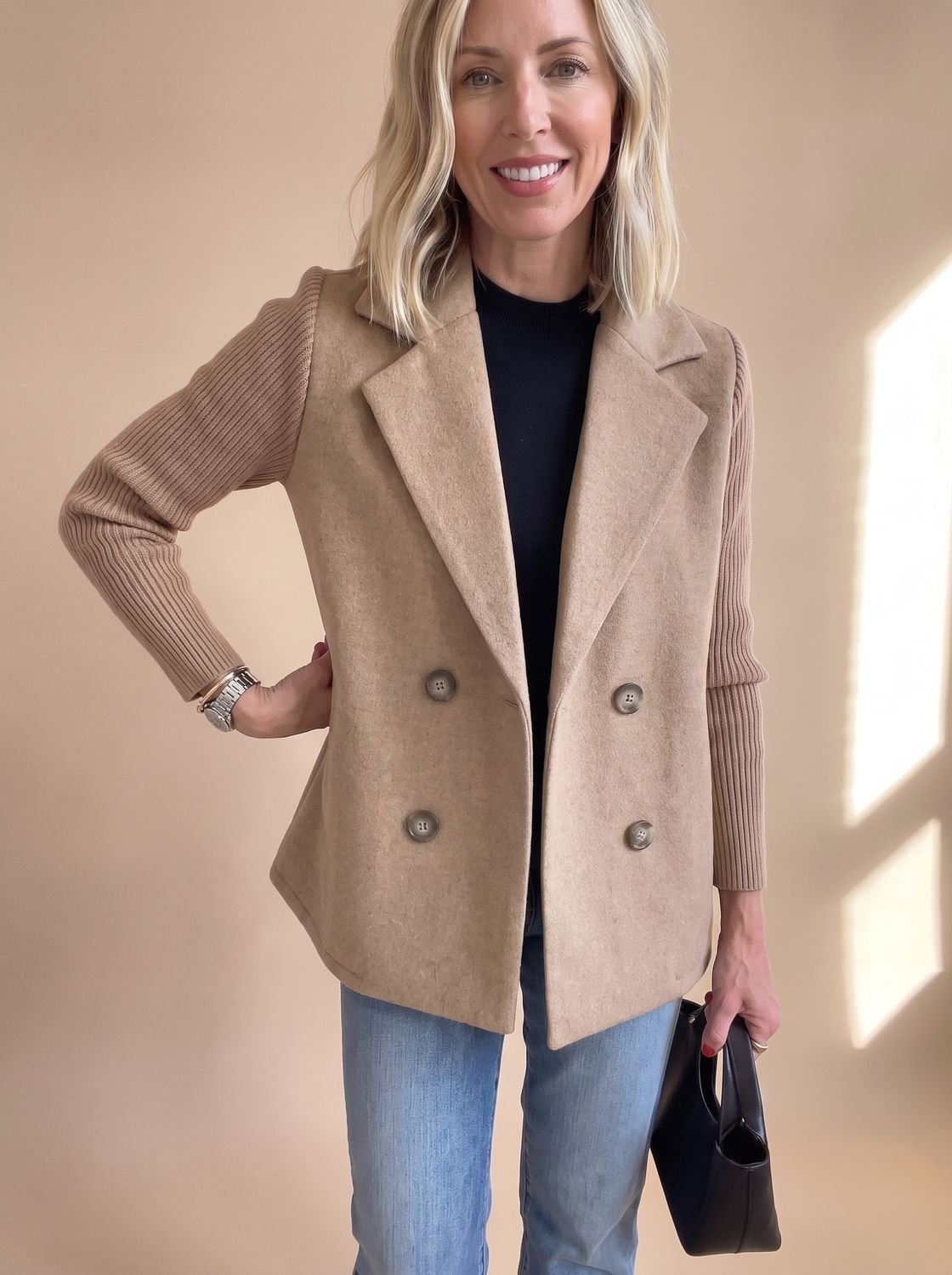 Women's Tailored Blazer with Ribbed Knit Sleeves - Khaki