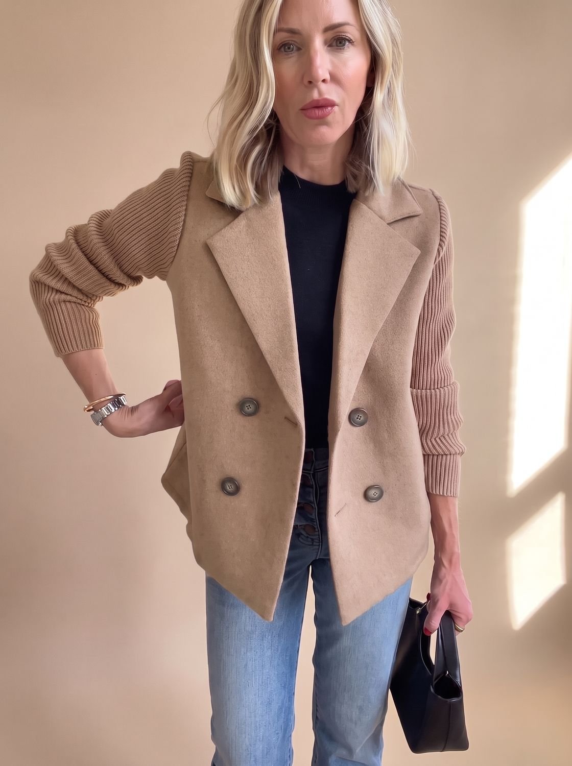 Women's Tailored Blazer with Ribbed Knit Sleeves - Brown