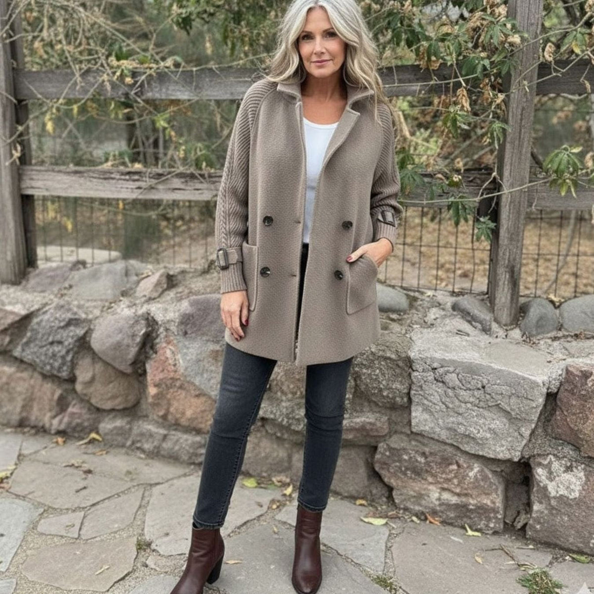 Women's Mixed-Texture Coat with Ribbed Sleeves and Button Front